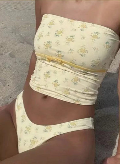 Yellow Sweet Floral Swimsuit Two Piece Set