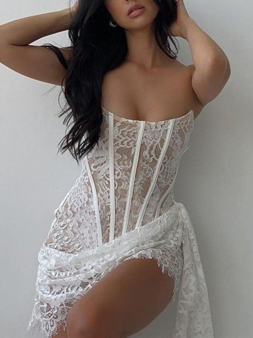 Lace Mesh Off Shoulder Irregular Hem Dresses