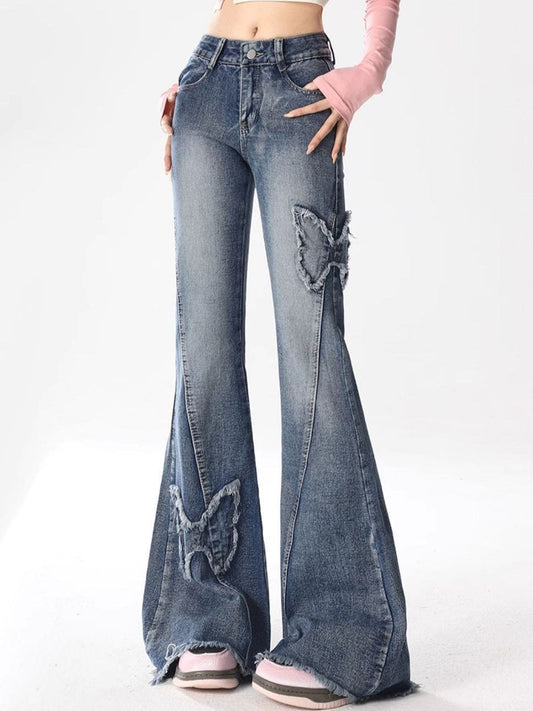 Y2K Butterfly Embroidered High Waist Flare Jeans