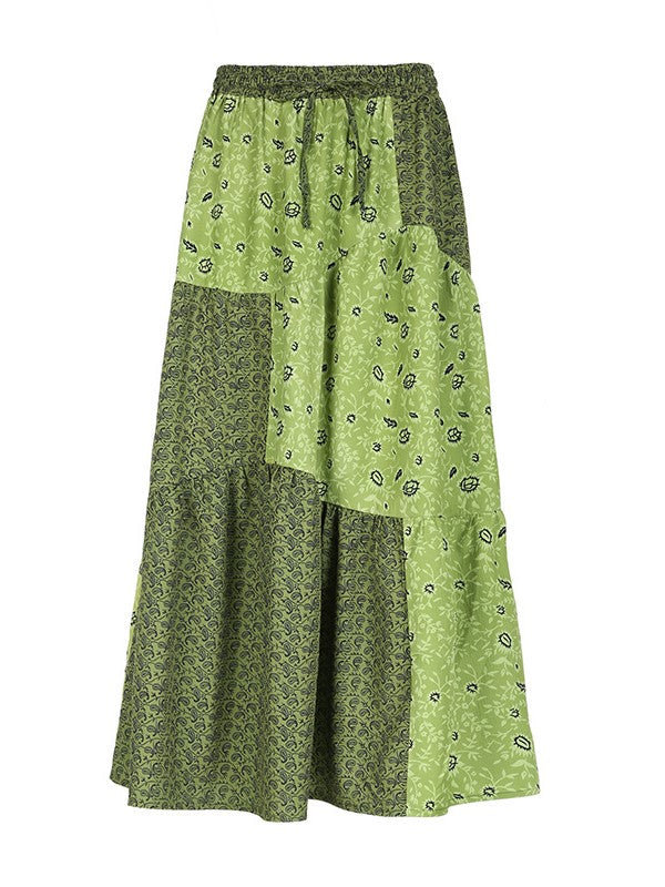 Green Fairy Grunge Patchwork Drawstring Maxi Skirt