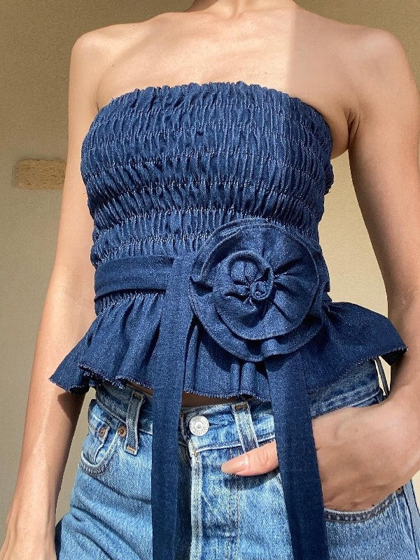 Navy Vintage Denim Floral Embellished Pleated Off Shoulder Top