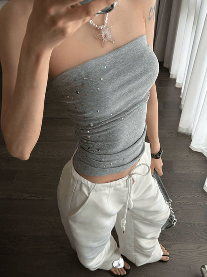 Grey Rhinestone Tie Back Bandeau Top