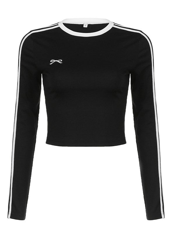 Contrast Y2K Bow Embroidery Slim Long Sleeve Top