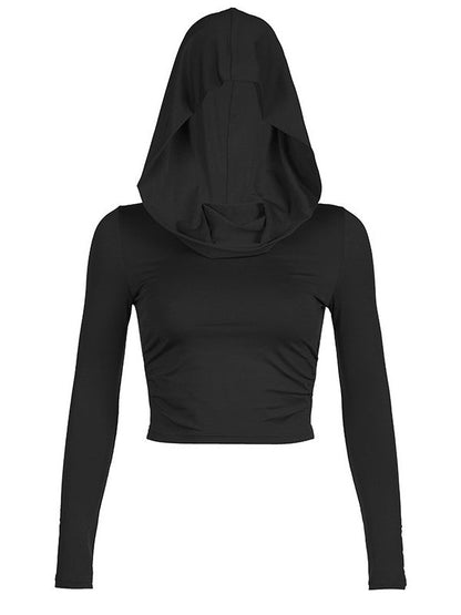 Vintage Pleated Hooded Long Sleeve Crop Top