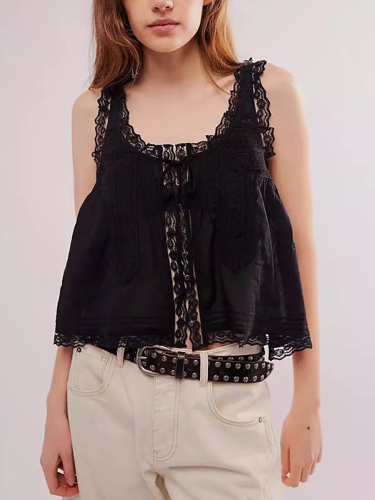 Solid Color Hollow Out Ruffle Cardigan Tank Top