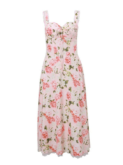 French Floral Tie Up Slim Cami Maxi Dress