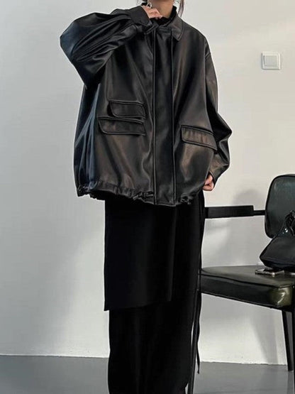 Retro Oversized Black Vegan Leather Jacket with Zipper