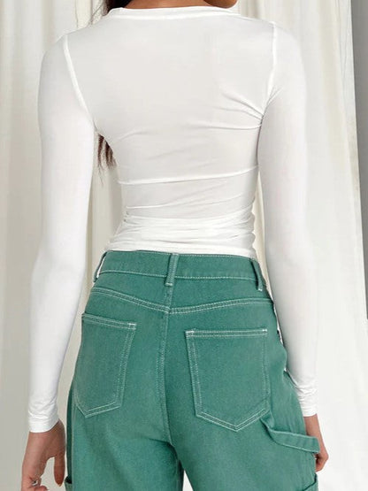 Basic Solid Color Slim Long Sleeve Crop Top