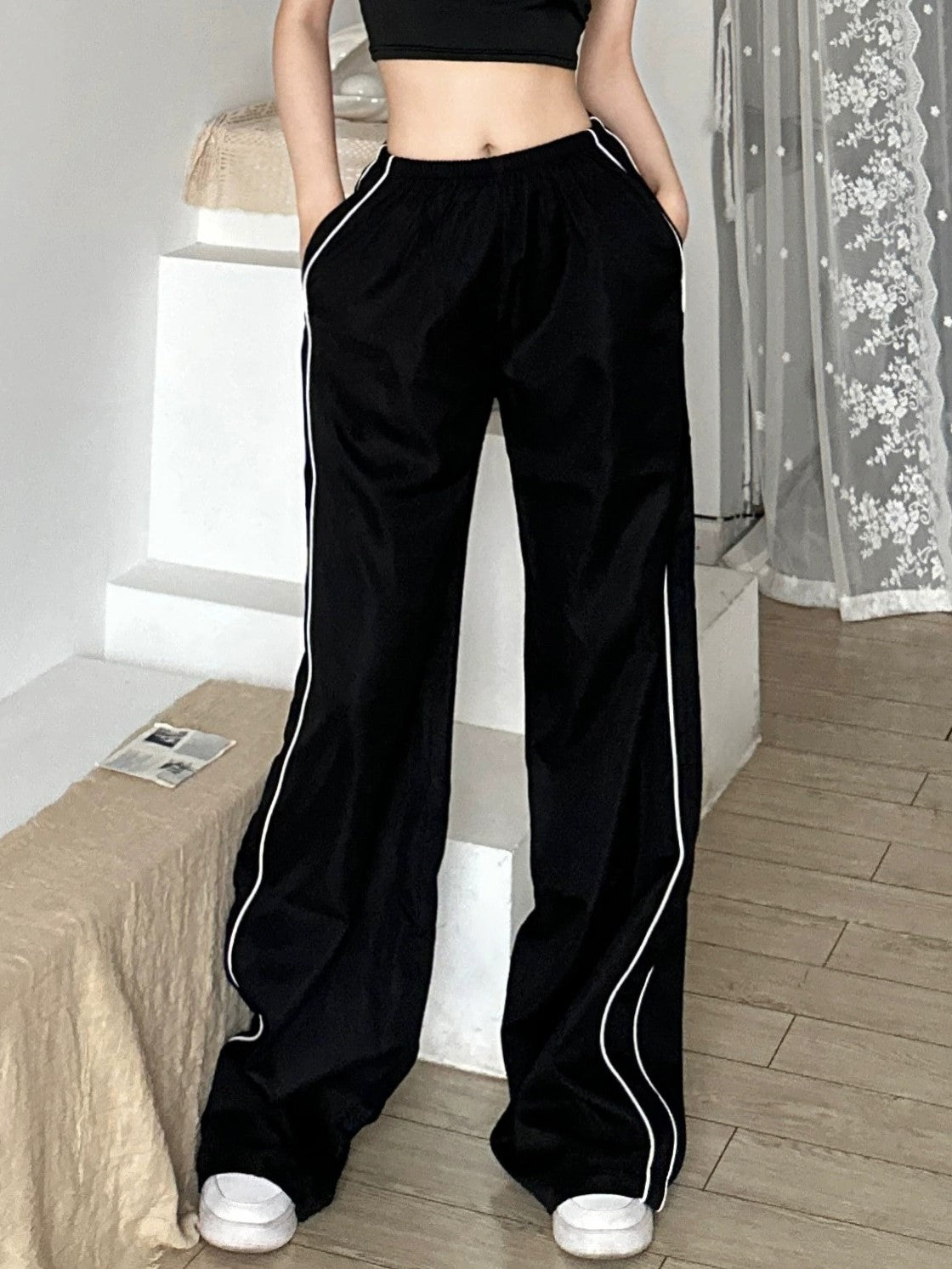 Retro Sport Black Contrast Baggy Sweatpants