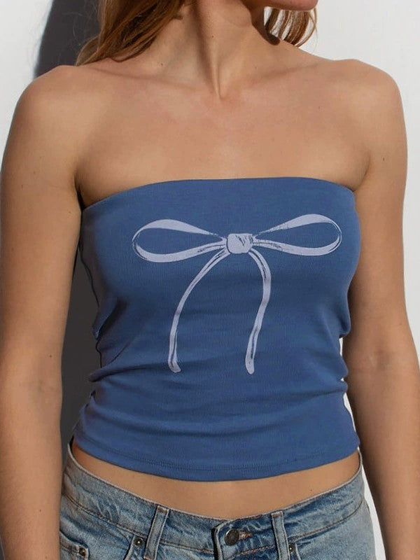 Top bandeau con estampado de lazo Y2K en color azul