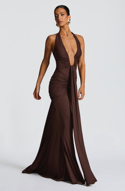 Plum Brown Halter Maxi Dress with Plunge Neckline for Women - Mirella