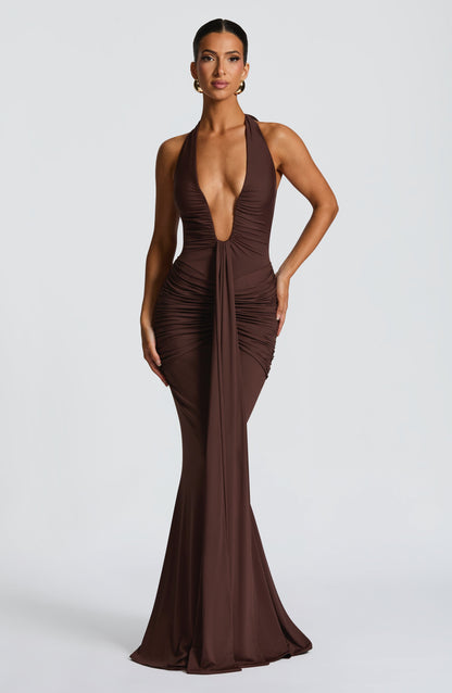 Plum Brown Halter Maxi Dress with Plunge Neckline for Women - Mirella