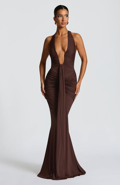 Plum Brown Halter Maxi Dress with Plunge Neckline for Women - Mirella