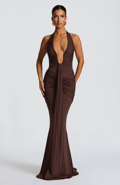 Plum Brown Halter Maxi Dress with Plunge Neckline for Women - Mirella