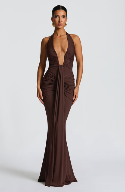 Plum Brown Halter Maxi Dress with Plunge Neckline for Women - Mirella