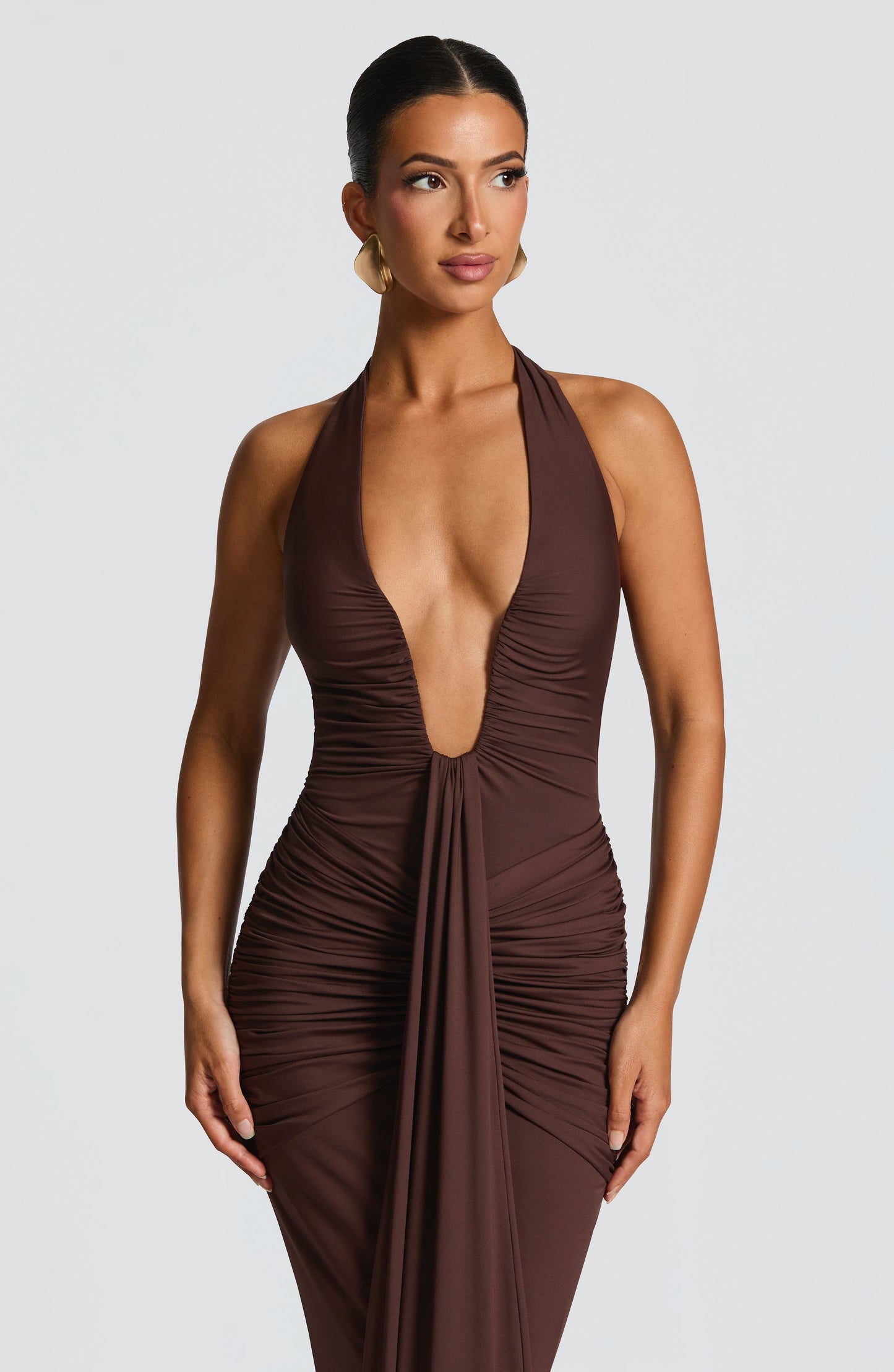 Plum Brown Halter Maxi Dress with Plunge Neckline for Women - Mirella