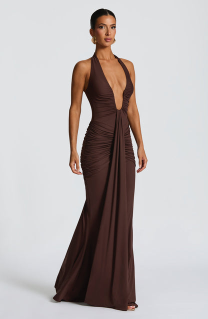 Plum Brown Halter Maxi Dress with Plunge Neckline for Women - Mirella