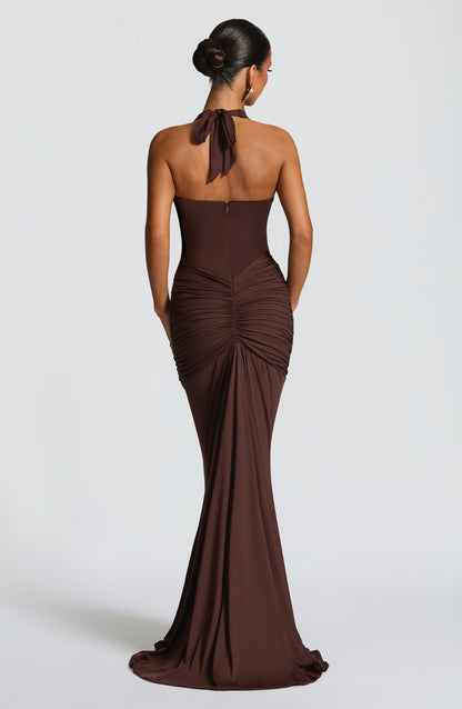 Plum Brown Halter Maxi Dress with Plunge Neckline for Women - Mirella