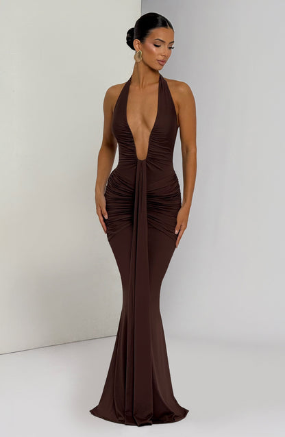 Plum Brown Halter Maxi Dress with Plunge Neckline for Women - Mirella