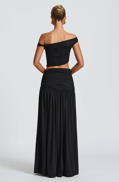 Black One Shoulder Crop Top and Maxi Skirt Set for Women - Rosanna