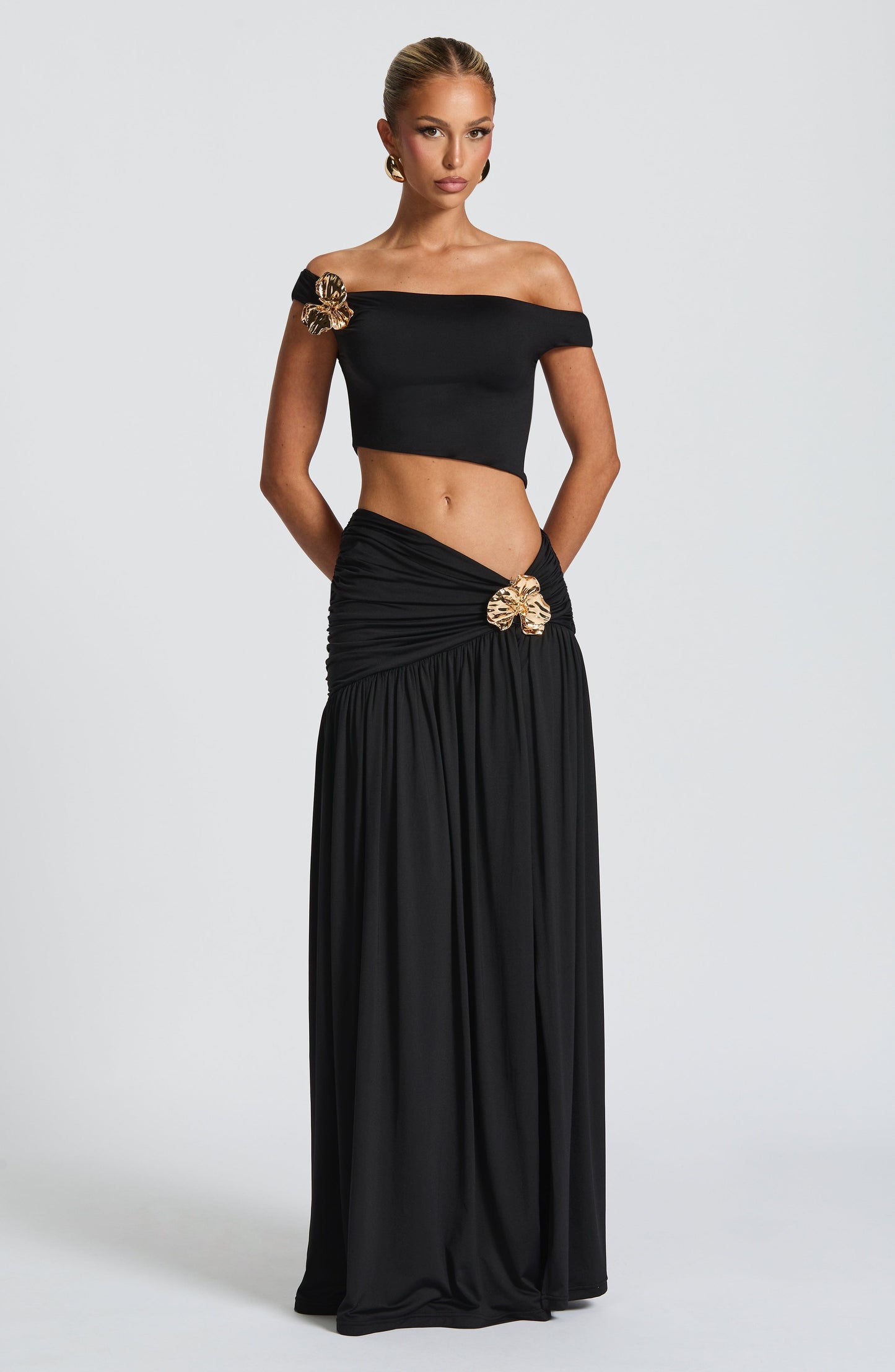 Black One Shoulder Crop Top and Maxi Skirt Set for Women - Rosanna