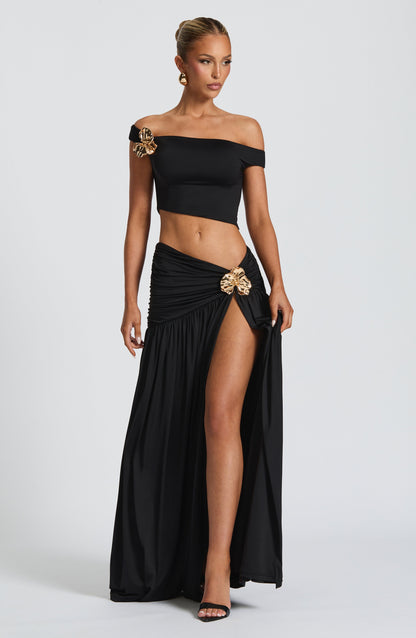 Black One Shoulder Crop Top and Maxi Skirt Set for Women - Rosanna