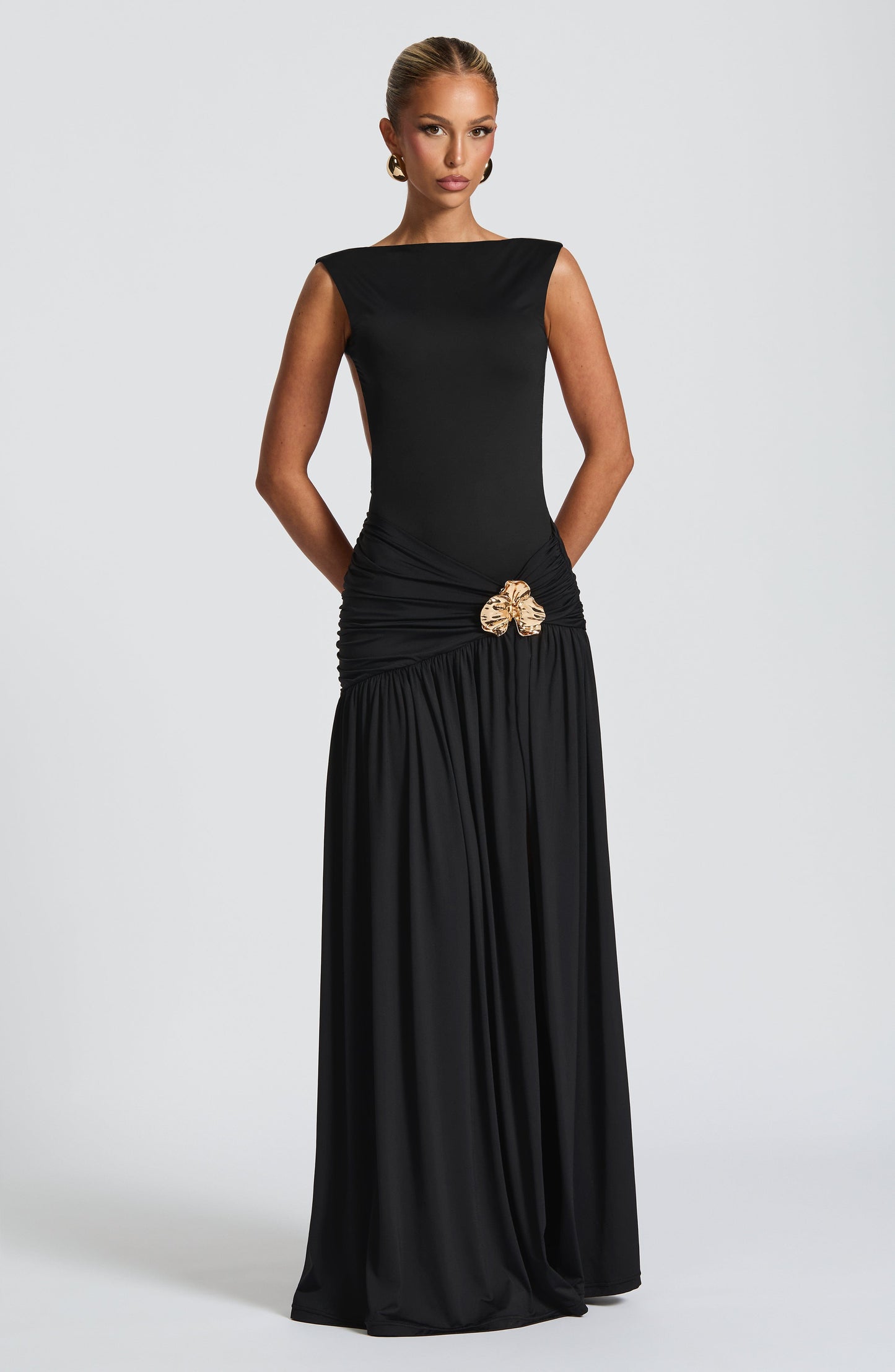 Black One Shoulder Crop Top and Maxi Skirt Set for Women - Rosanna