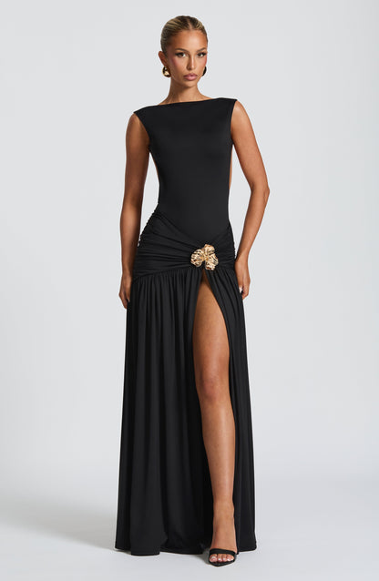 Black One Shoulder Crop Top and Maxi Skirt Set for Women - Rosanna