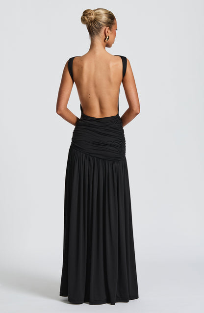 Black One Shoulder Crop Top and Maxi Skirt Set for Women - Rosanna