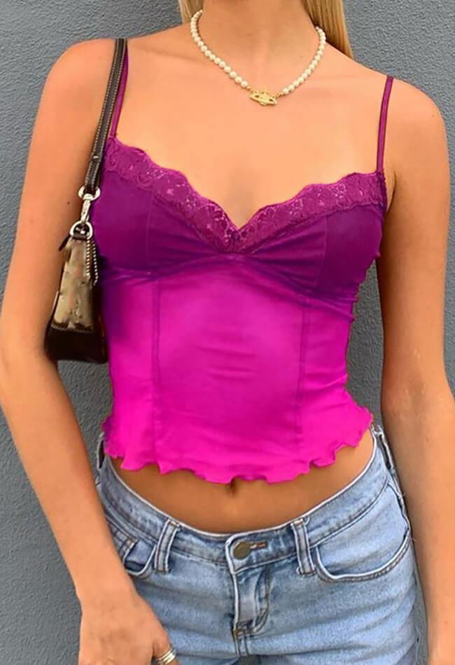 Vintage Sheer Mesh Fungus Cami Top with V Neck