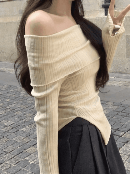 Off Shoulder Ribbed Knit Top with Split