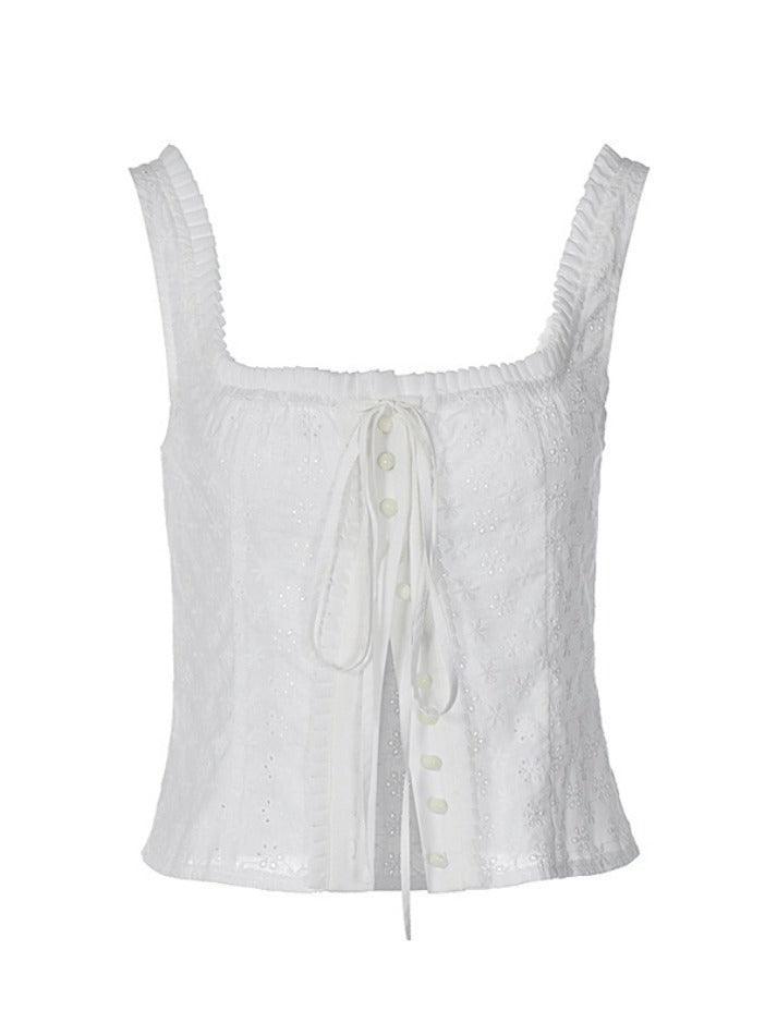 Top camisola blanco vintage con escote cuadrado y bordado recortado