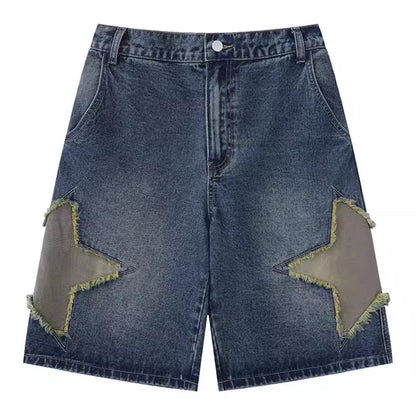 Y2k Star Patch Faded Effect Denim Shorts