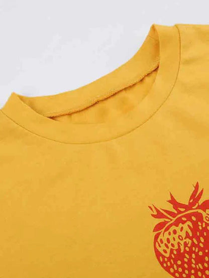 Yellow Y2K Strawberry Letter Print Crop Short Sleeve Tee