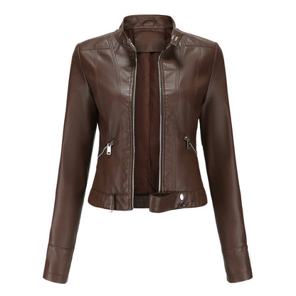 Women's Stand Collar Leather Jacket | Zip