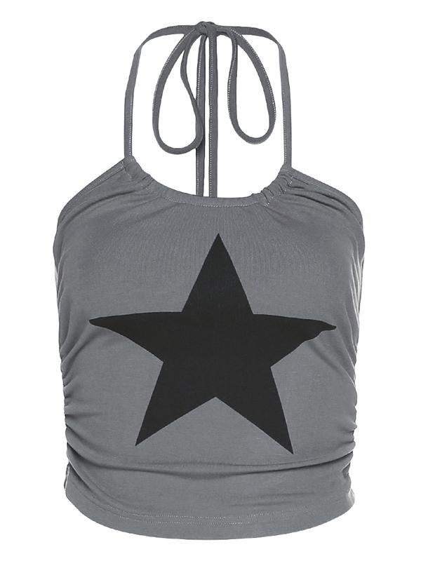 Gray crop cami top with 2000s Y2k star and halter neck