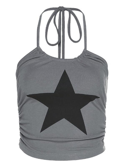 Grey Y2k Star Crop Cami Top with Neck Halter