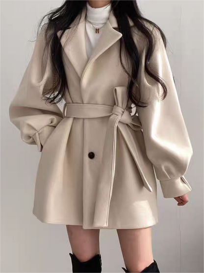 Lapel Collar Puff Sleeve Coat with Belt