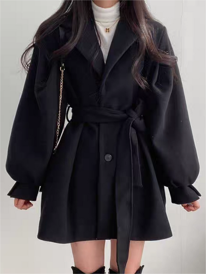 Lapel Collar Puff Sleeve Coat with Belt