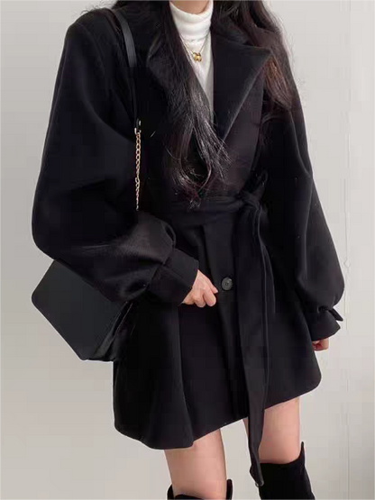 Lapel Collar Puff Sleeve Coat with Belt