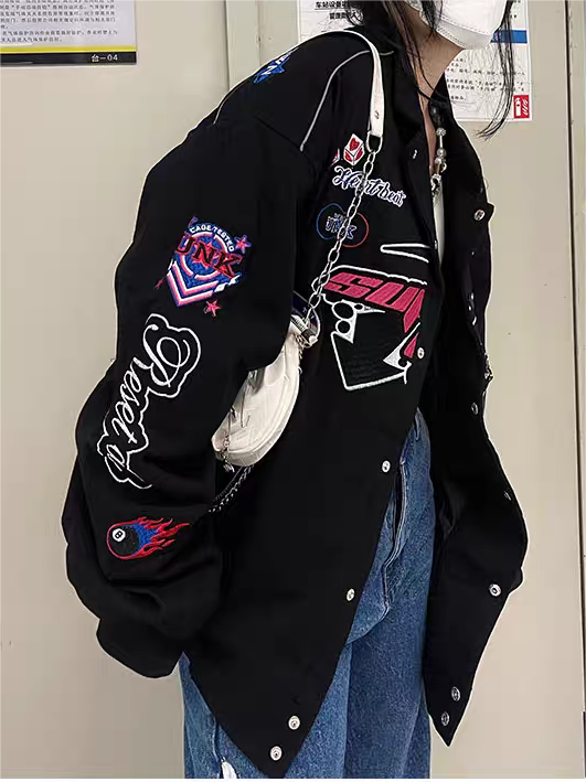 Black Vintage Motorcycle Bomber Jacket with Embroidery