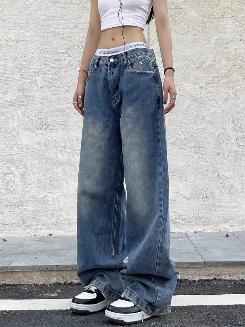 Vintage Blue Washed Effect Boyfriend Jeans