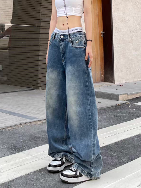 Vintage Blue Washed Effect Boyfriend Jeans