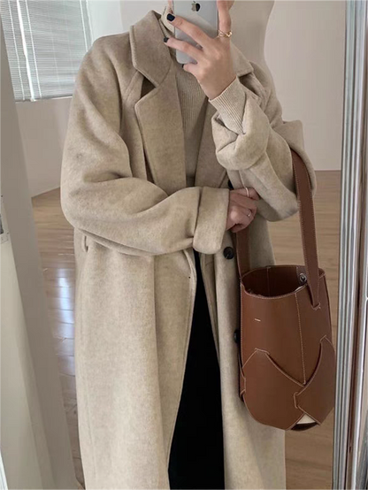 Classic Oversized Long Coat with Lapel Collar and Belt