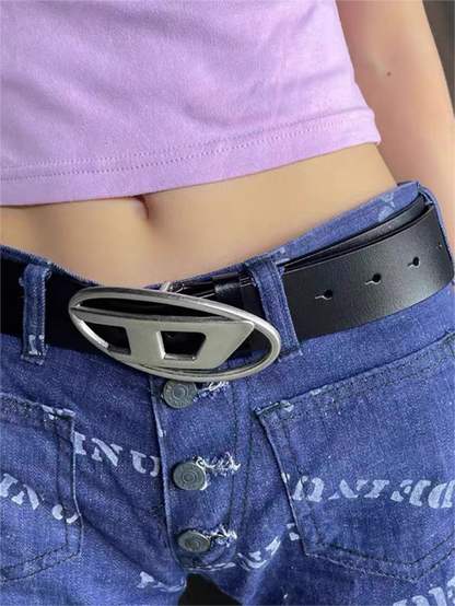 Black Retro Belt with Silver Letter Logo