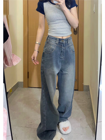 Blue 2000s Boyfriend Jeans with Faded Effect