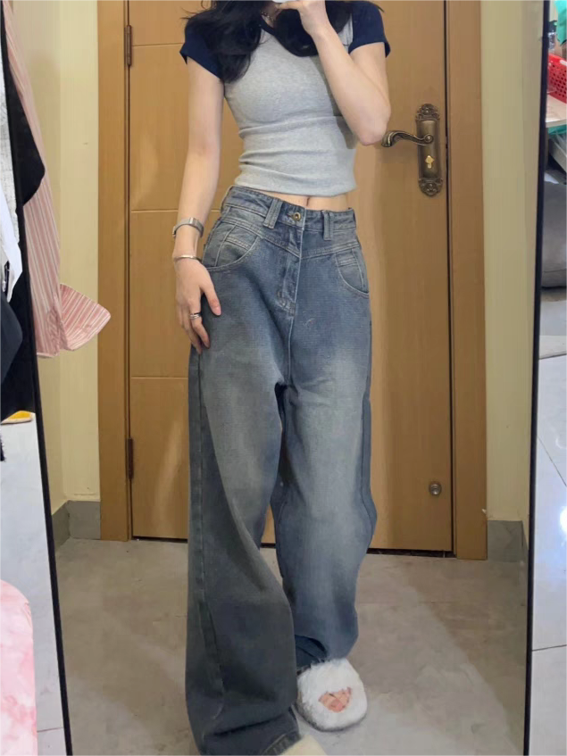 Blue 2000s Boyfriend Jeans with Faded Effect