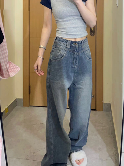 Blue 2000s Boyfriend Jeans with Faded Effect