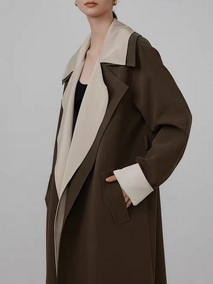 Contrast Lapel Faux Two-Piece Long Coat with Belt