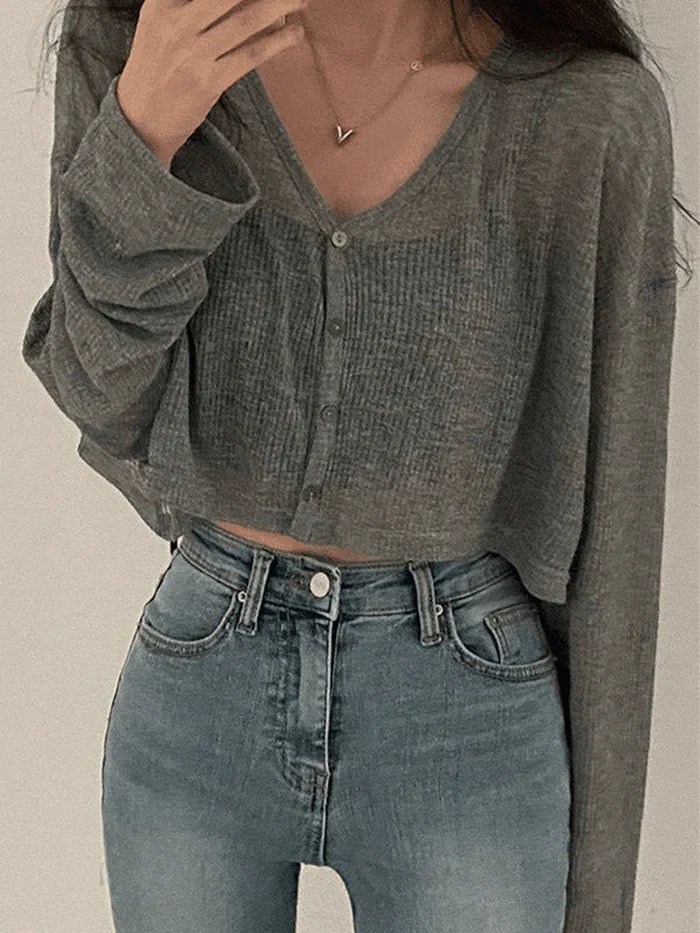 Grey Vintage V Neck Button Up Cropped Cardigan